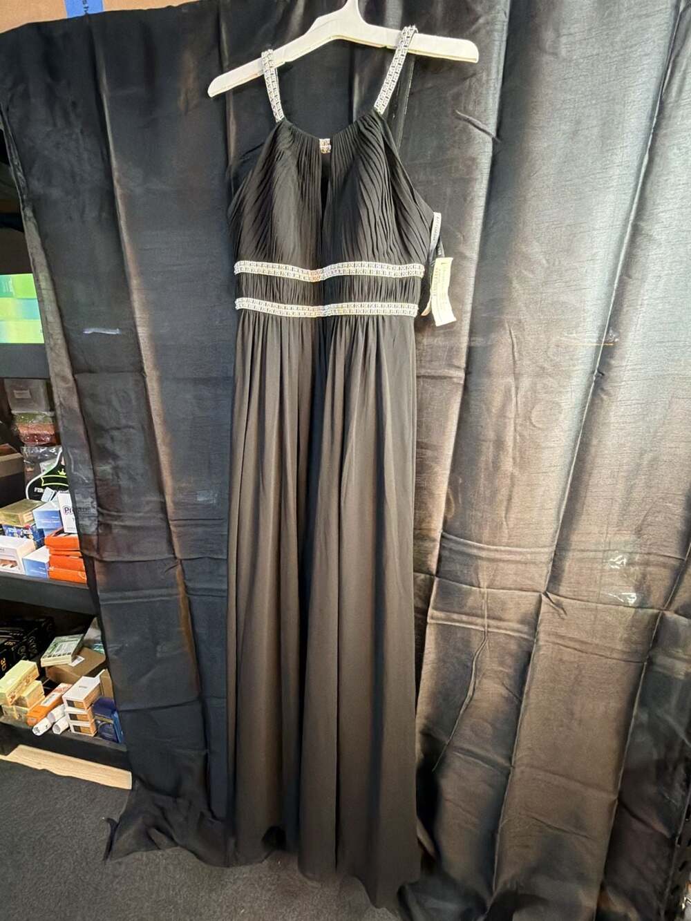 Demetrios Chiffon Rhinestone Straps Full Length Dress BL-1136 Size 10 Black